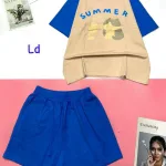 Đồ bộ quần đùi áo tay ngắn in chữ SUMMER có chú mèo quạt
