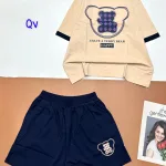 Đồ bộ quần đùi áo tay ngắn in gấu quần cùng màu viền áo