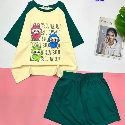 Đồ bộ quần đùi áo tay ngắn in hình 3 bé labubu