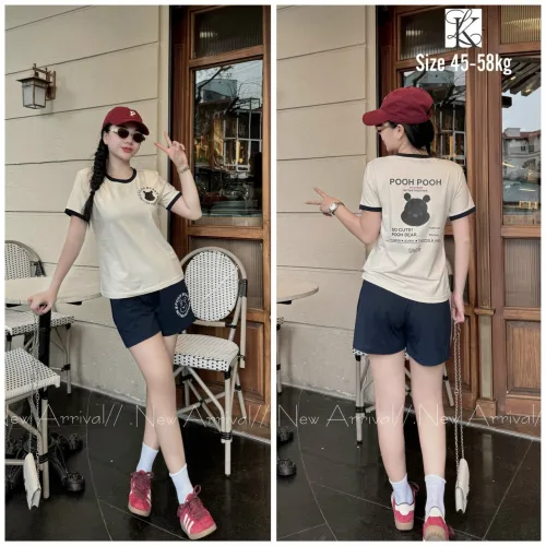 Đồ bộ quần đùi áo tay ngắn in hình gấu pooh trên áo quần