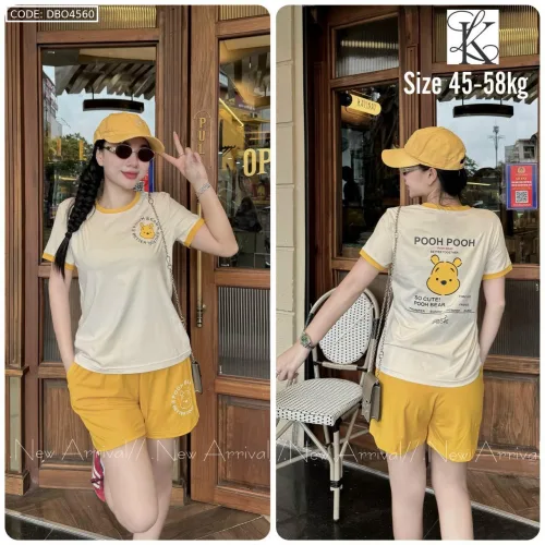 Đồ bộ quần đùi áo tay ngắn in hình gấu pooh trên áo quần