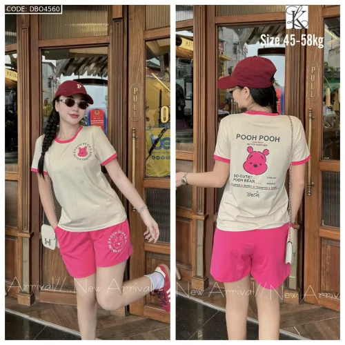 Đồ bộ quần đùi áo tay ngắn in hình gấu pooh trên áo quần