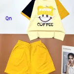 Đồ bộ quần đùi áo tay ngắn in hình mặt cười đội nón chữ coffee