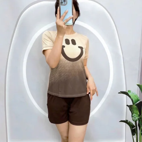 Đồ bộ quần đùi  áo tay ngắn in miệng cười