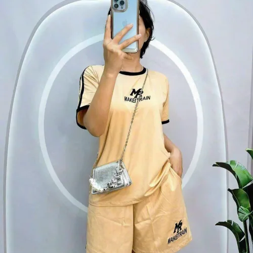 Đồ bộ quần đùi  áo tay ngắn sọc thể thao in chữ