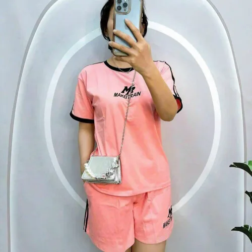 Đồ bộ quần đùi  áo tay ngắn sọc thể thao in chữ