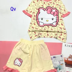 Đồ bộ quần đùi bèo áo tay phồng bèo in hình mèo kitty