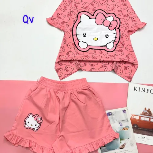 Đồ bộ quần đùi bèo áo tay phồng bèo in hình mèo kitty