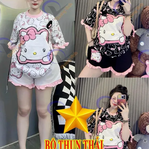Đồ bộ quần đùi bèo áo tay phồng bèo in hình mèo kitty