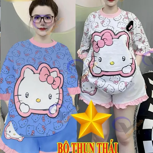 Đồ bộ quần đùi bèo áo tay phồng bèo in hình mèo kitty