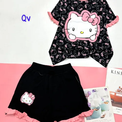 Đồ bộ quần đùi bèo áo tay phồng bèo in hình mèo kitty