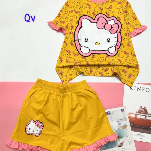 Đồ bộ quần đùi bèo áo tay phồng bèo in hình mèo kitty