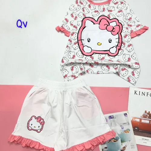 Đồ bộ quần đùi bèo áo tay phồng bèo in hình mèo kitty