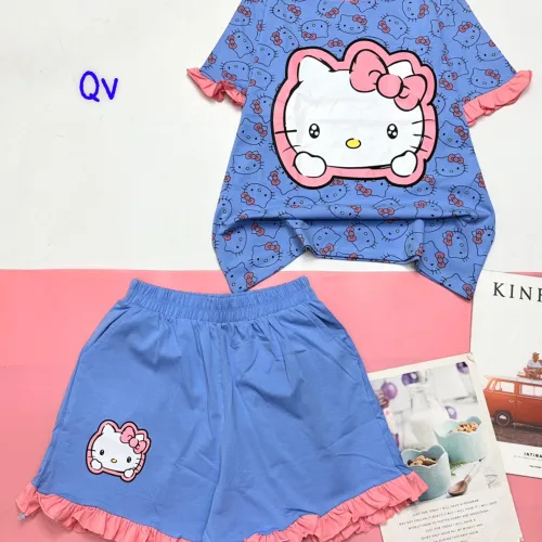 Đồ bộ quần đùi bèo áo tay phồng bèo in hình mèo kitty
