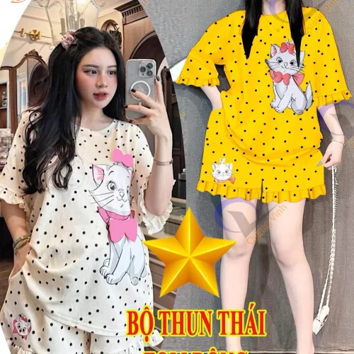 Đồ bộ quần đùi bèo áo tay phồng bèo in hình mèo kitty chấm bi