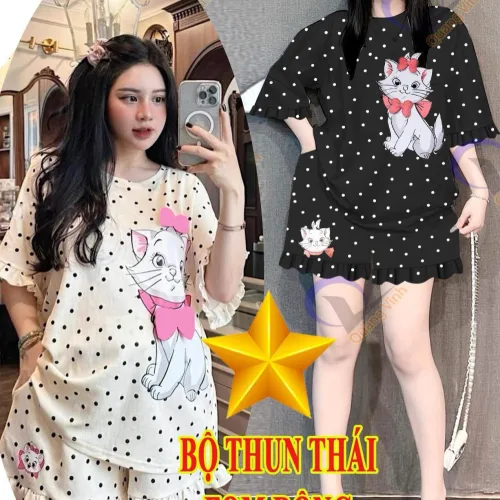 Đồ bộ quần đùi bèo áo tay phồng bèo in hình mèo kitty chấm bi