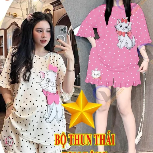 Đồ bộ quần đùi bèo áo tay phồng bèo in hình mèo kitty chấm bi
