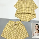 Đồ bộ quần đùi ca rô cotton áo sơ mi quần có dây cột