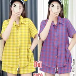Đồ bộ quần đùi ca rô cotton áo sơ mi quần có dây cột