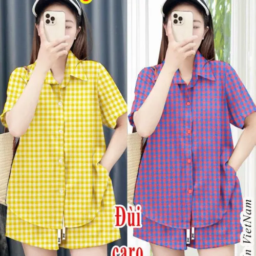Đồ bộ quần đùi ca rô cotton áo sơ mi quần có dây cột