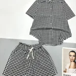 Đồ bộ quần đùi ca rô cotton áo sơ mi quần có dây cột