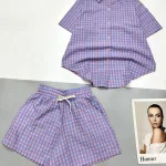 Đồ bộ quần đùi ca rô cotton áo sơ mi quần có dây cột