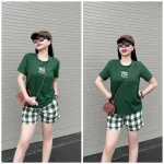 Đồ bộ quần đùi ca rô nhỏ áo thun in chữ Yes
