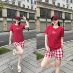 Đồ bộ quần đùi ca rô nhỏ áo thun in chữ Yes