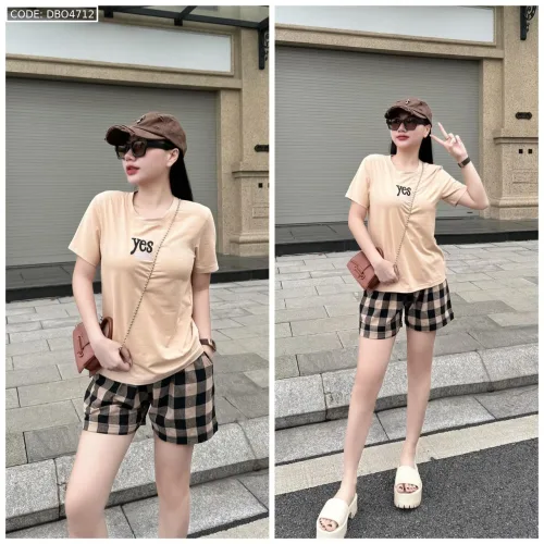 Đồ bộ quần đùi ca rô nhỏ áo thun in chữ Yes