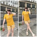 Đồ bộ quần đùi ca rô nhỏ áo thun in chữ Yes