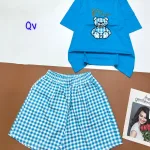 Đồ bộ quần đùi ca rô nhỏ áo thun in hình gấu