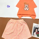 Đồ bộ quần đùi ca rô vuông áo tay ngắn in hình gấu