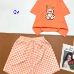 Đồ bộ quần đùi ca rô vuông áo tay ngắn in hình gấu