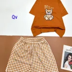 Đồ bộ quần đùi ca rô vuông áo tay ngắn in hình gấu
