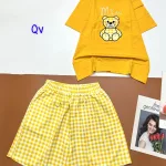 Đồ bộ quần đùi ca rô vuông áo tay ngắn in hình gấu