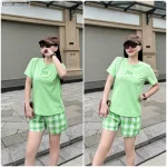 Đồ bộ quần đùi carô áo tay ngắn in chữ yes
