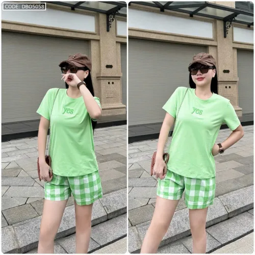 Đồ bộ quần đùi carô áo tay ngắn in chữ yes