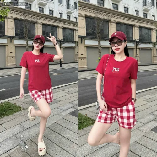Đồ bộ quần đùi carô áo tay ngắn in chữ yes