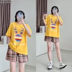 Đồ bộ quần đùi caro áo tay ngắn in đầu thỏ màu