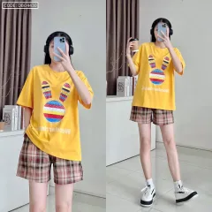 Đồ bộ quần đùi caro áo tay ngắn in đầu thỏ màu