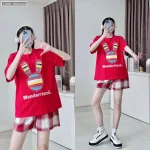Đồ bộ quần đùi caro áo tay ngắn in đầu thỏ màu