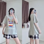 Đồ bộ quần đùi caro áo tay ngắn in đầu thỏ màu