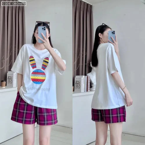 Đồ bộ quần đùi caro áo tay ngắn in đầu thỏ màu