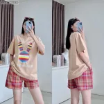 Đồ bộ quần đùi caro áo tay ngắn in đầu thỏ màu
