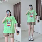 Đồ bộ quần đùi caro áo tay ngắn in đầu thỏ màu