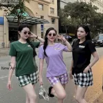 Đồ bộ quần đùi caro áo tay ngắn in hình