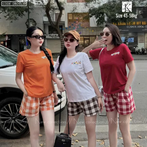 Đồ bộ quần đùi caro áo tay ngắn in hình