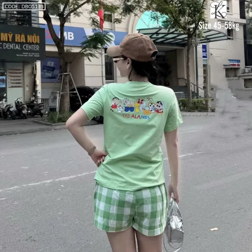 Đồ bộ quần đùi caro áo tay ngắn in hình