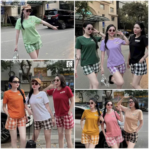 Đồ bộ quần đùi caro áo tay ngắn in hình