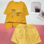 Đồ bộ quần đùi caroo áo tay ngắn in hình hoa